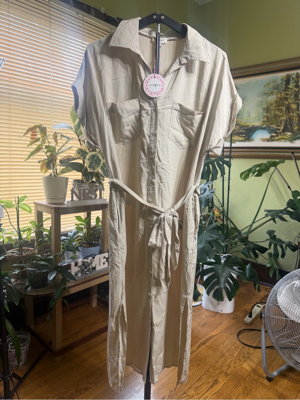 Umgee Beige Button-Front Shirt Dress with a Tie Waist.